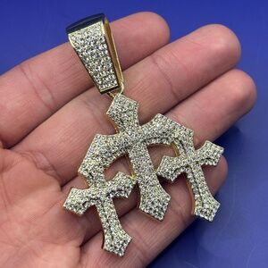 Big gold plated iced out triple cross pendant 3A CZ no chain included jewelry